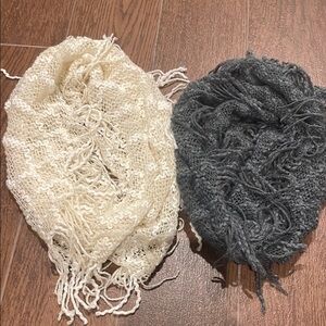 Britt’s knits Fringe Benefits Elegant Gray and Cream Woven infinity scarf